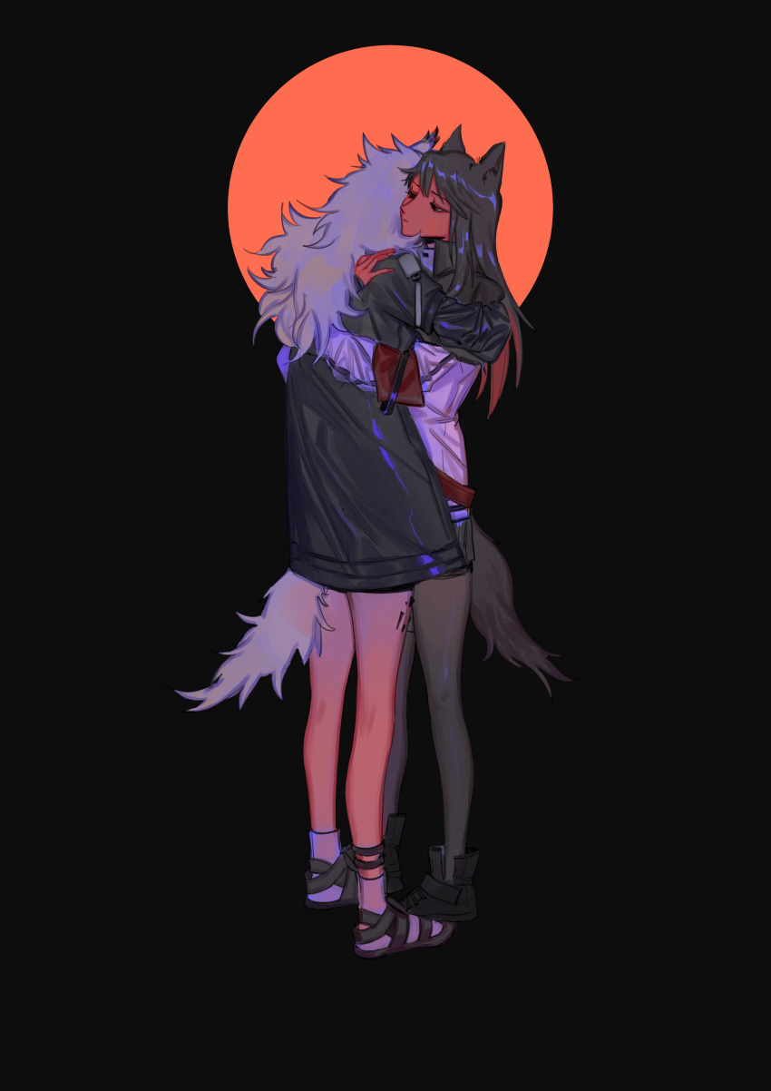 2girls, absurdres, animal_ears, arknights, armband, bangs, black_background, black_footwear