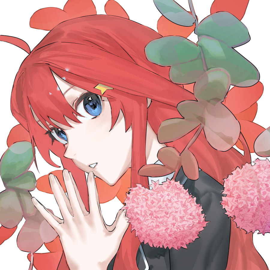 1girl, ahoge, bangs, black_jacket, blazer, blue_eyes, commentary_request, flower