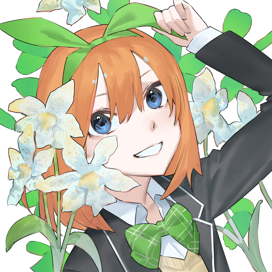 1girl, bangs, black_jacket, blazer, blue_eyes, commentary_request, flower, go-toubun_no_hanayome