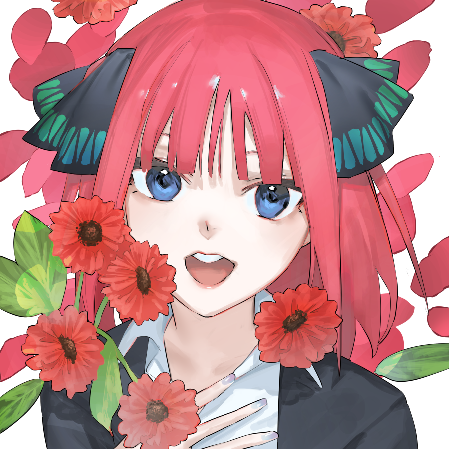 1girl, bangs, black_jacket, black_ribbon, blazer, blue_eyes, blunt_bangs, butterfly_hair_ornament