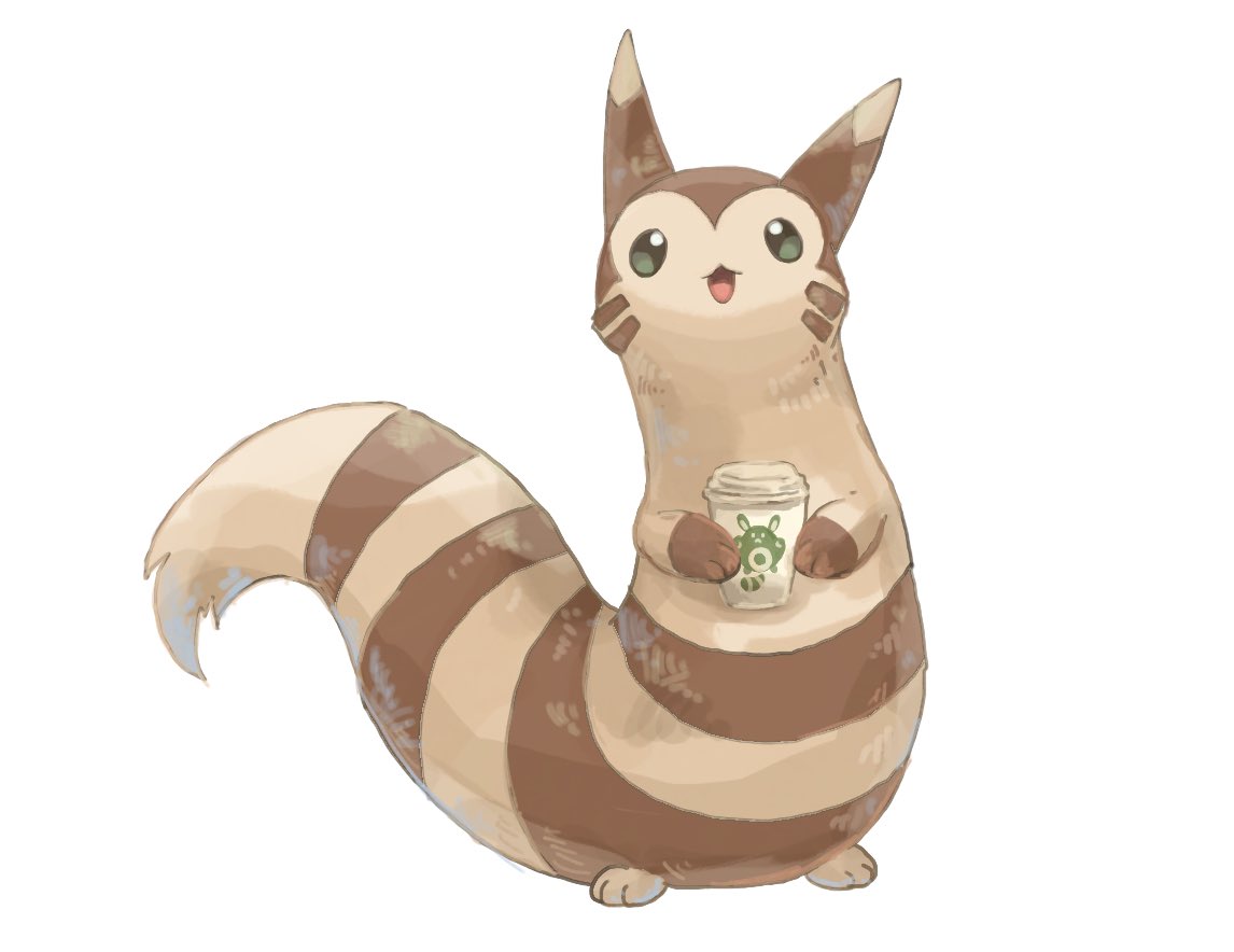 :3, animal_focus, commentary_request, cup, disposable_cup, facial_mark, furret, green_eyes