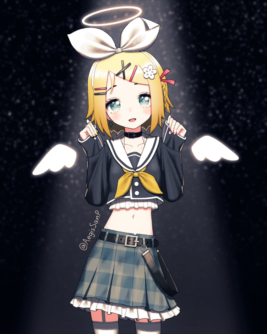 1girl, absurdres, aegissanp, angel_wings, aqua_eyes, belt, black_choker, black_shirt