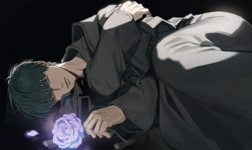 1boy, bangs, black_background, black_robe, blue_eyes, commentary_request, curled_up, expressionless