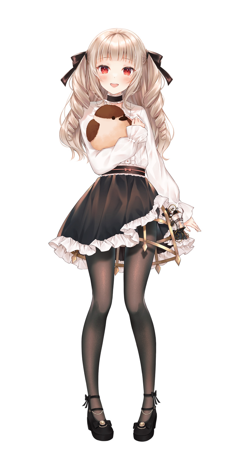 1girl, :d, absurdres, bird, black_footwear, black_legwear, black_skirt, blush