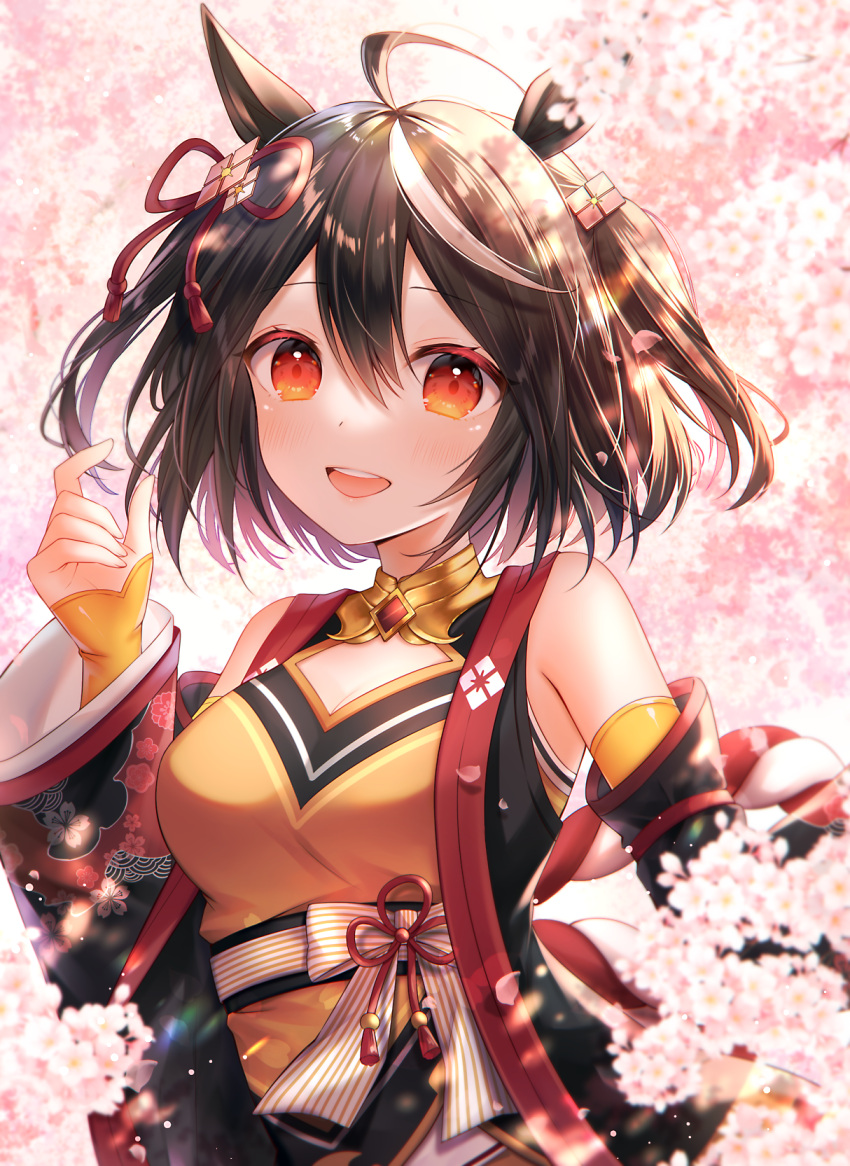 1girl, :d, ahoge, animal_ears, backlighting, bare_shoulders, black_hair, breasts