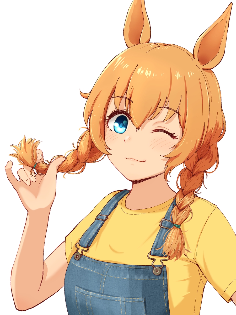 1girl, :3, alternate_costume, alternate_hairstyle, animal_ears, bangs, blonde_hair, blue_eyes, braid, commentary_request, denim, highres, holding, holding_hair, horse_ears, horse_girl, kaniyamo, light_smile, looking_at_viewer, one_eye_closed, orange_hair, overalls, shirt, short_sleeves, simple_background, solo, suspenders, t-shirt, taiki_shuttle_(umamusume), twin_braids, twintails, umamusume, upper_body, white_background, yellow_shirt