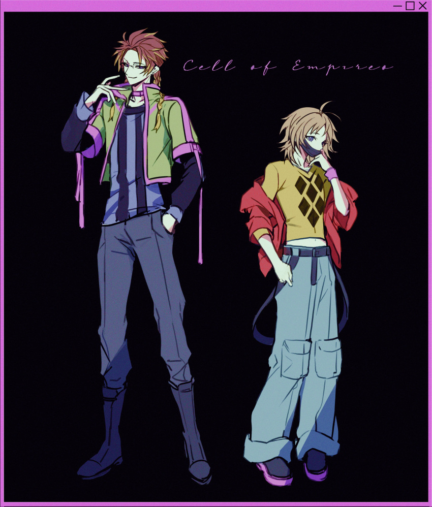 2boys, absurdres, belt, blonde_hair, blue_belt, blue_pants, blue_shirt, boots
