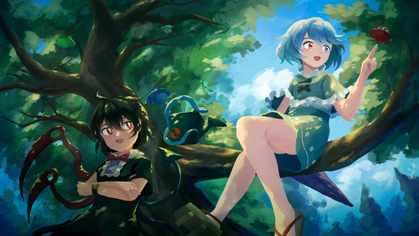 2girls, ahoge, asymmetrical_wings, bangs, black_dress, black_hair, blue_capelet, blue_eyes