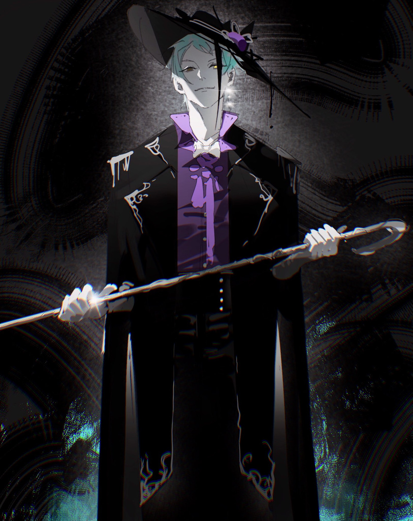 1boy, aqua_hair, bangs, black_background, black_coat, black_hair, black_headwear, black_pants