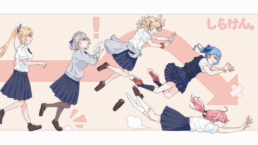 !, 5girls, ahoge, animal_ears, blonde_hair, blue_hair, bracelet, braid
