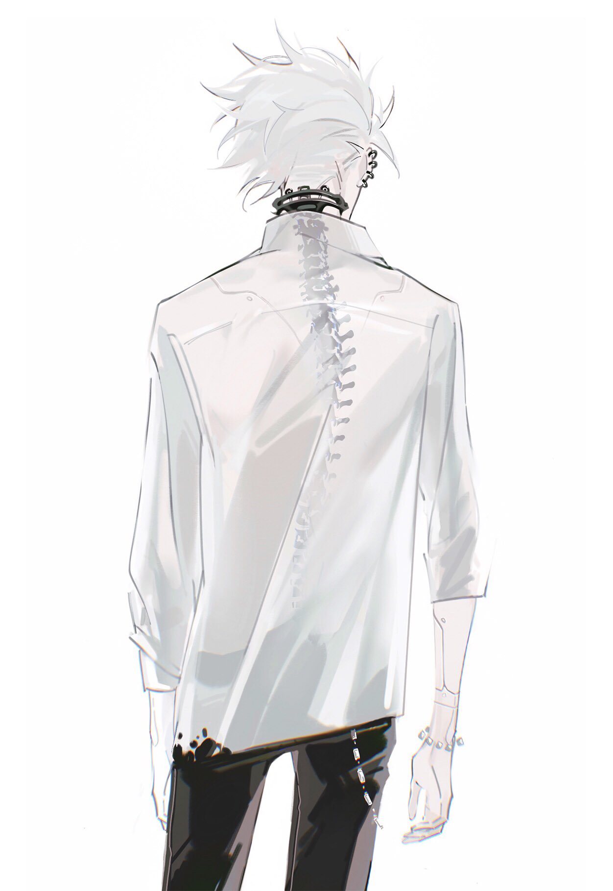 1boy, bead_bracelet, beads, black_pants, bracelet, chain, collar, collared_shirt, commentary, cowboy_shot, cyborg, dogs:_bullets_&amp;_carnage, earrings, facing_away, from_behind, haine_rammsteiner, highres, jewelry, joints, long_sleeves, male_focus, multiple_earrings, pants, robot_joints, sd2190392804, see-through, shirt, short_hair, simple_background, solo, spine, white_background, white_hair, white_shirt