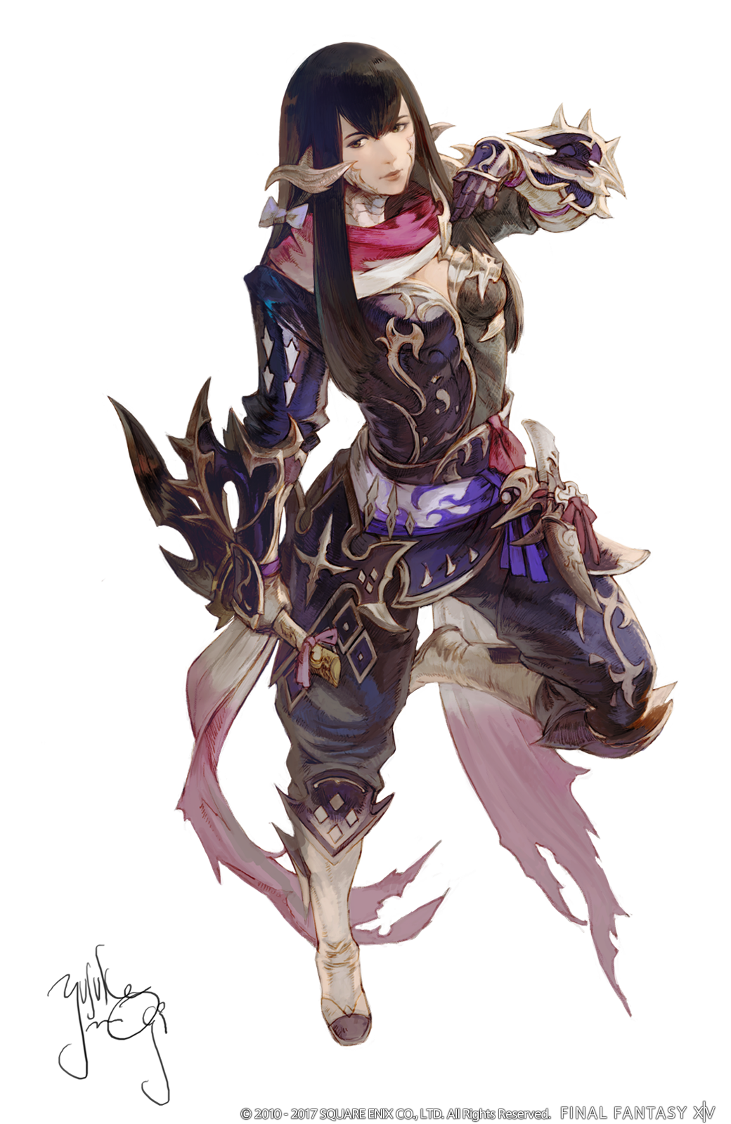 1girl, au_ra, bangs, black_hair, blunt_ends, boots, bow, brown_eyes