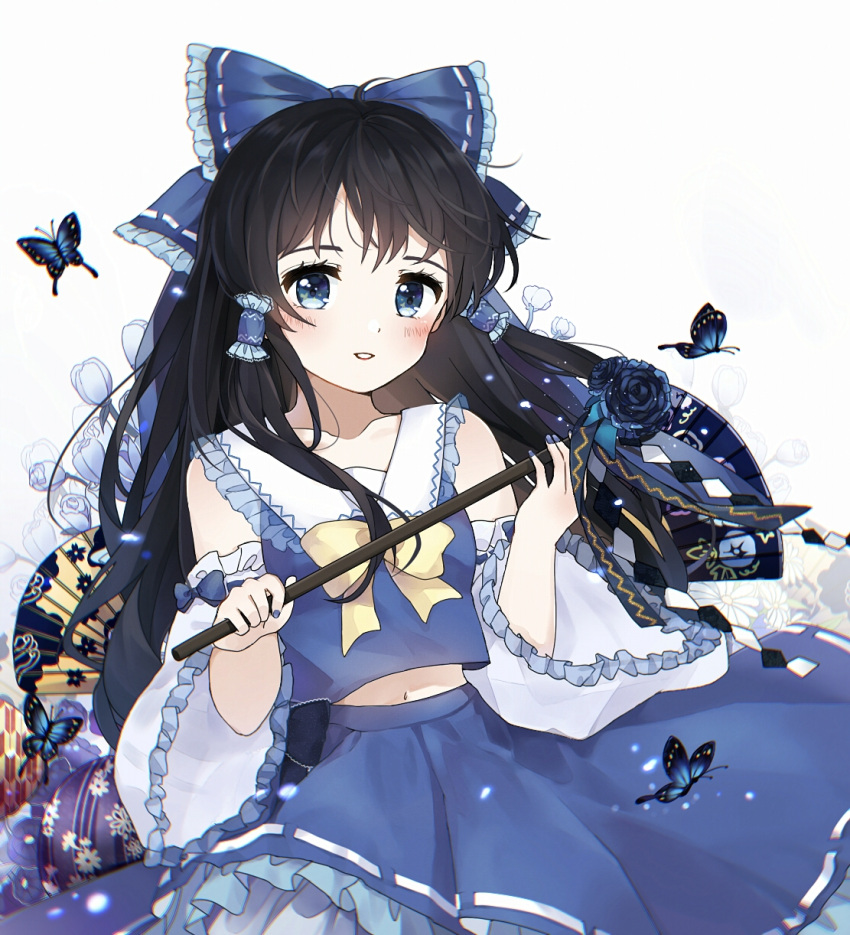 1girl, alternate_color, bangs, bare_shoulders, black_hair, blue_bow, blue_eyes, blue_flower, blue_skirt, blue_vest, blush, bow, bowtie, breasts, bug, butterfly, collared_vest, commentary_request, detached_sleeves, eggplant_(dadamiao), eyelashes, flower, frilled_hair_tubes, frilled_skirt, frilled_sleeves, frills, gohei, hair_tubes, hakurei_reimu, happy, highres, holding, long_hair, long_sleeves, looking_at_viewer, midriff, navel, parted_lips, player_2, ribbon-trimmed_skirt, ribbon_trim, simple_background, skirt, small_breasts, solo, touhou, vest, white_background, white_sleeves, wide_sleeves, yellow_bow, yellow_bowtie