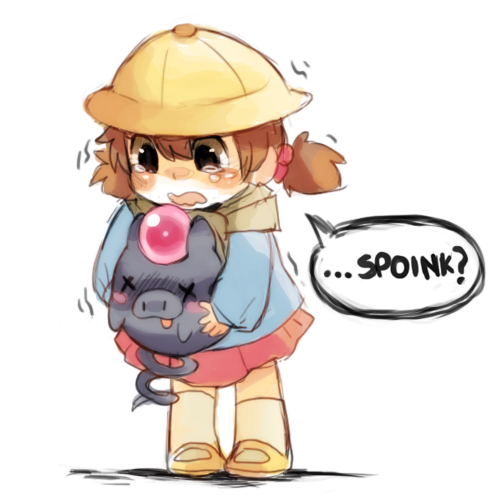 1girl, bad_id, bad_tumblr_id, bangs, black_eyes, blue_shirt, blush, blush_stickers, brown_hair, brown_neckerchief, child, commentary, death, english_commentary, english_text, female_child, full_body, hair_bobbles, hair_ornament, hat, holding, holding_pokemon, kneehighs, long_sleeves, lowres, miniskirt, neckerchief, open_mouth, pink_gemstone, pink_skirt, pokemon, pokemon_(creature), pokemon_(game), pokemon_bw, preschooler_(pokemon), sad, shirt, shoes, short_hair, simple_background, sketch, skirt, speech_bubble, spoink, standing, talking, tears, tongue, tongue_out, trembling, twintails, wavy_mouth, white_background, white_legwear, x_x, yellow_footwear, yellow_headwear, yellowfur