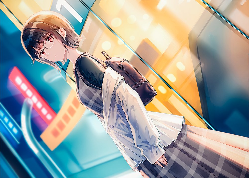 1girl, backpack, bag, black_hair, black_shirt, black_vest, blouse, blurry