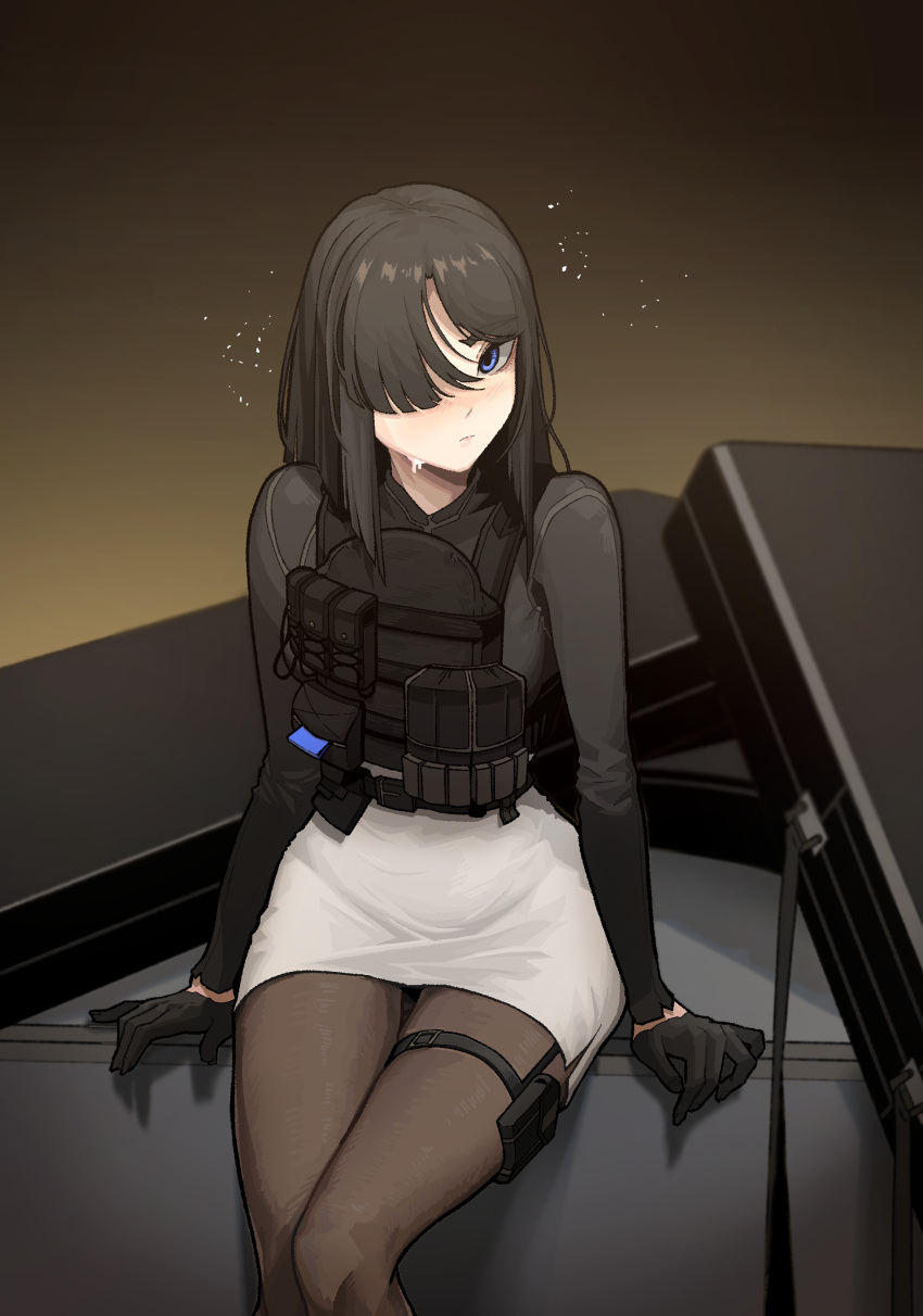 1girl, absurdres, black_gloves, black_hair, black_shirt, blue_eyes, blush, brown_background