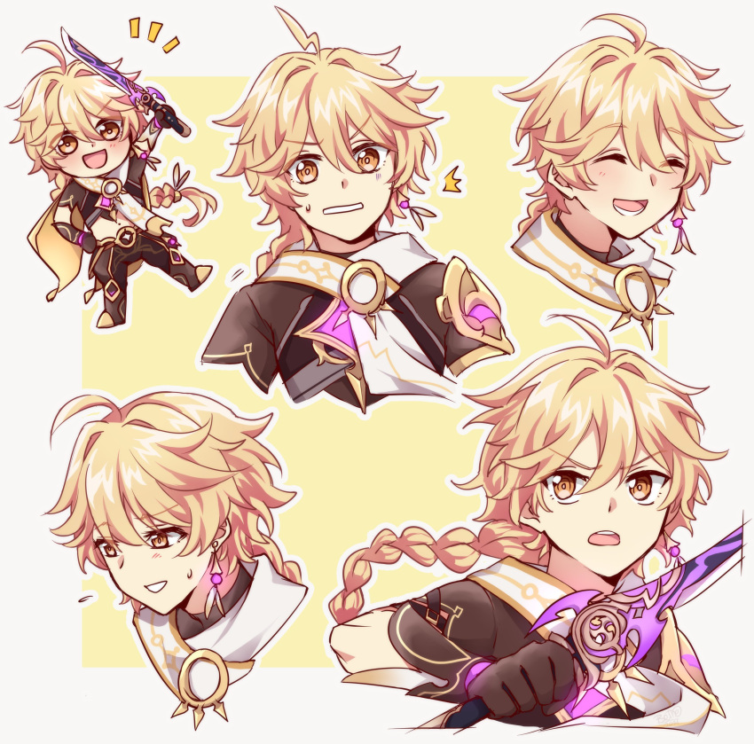 1boy, absurdres, aether_(genshin_impact), blonde_hair, braid, brown_footwear, brown_gloves, brown_pants