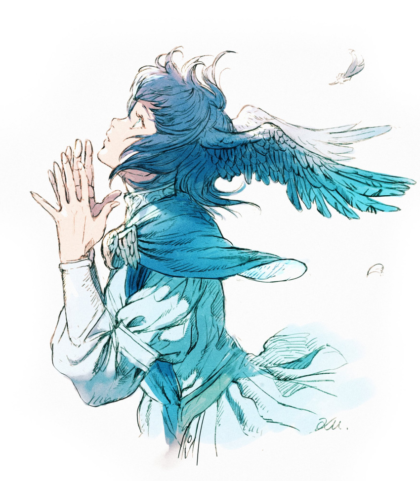 1girl, bird_wings, blue_capelet, blue_eyes, blue_hair, brooch, capelet, cropped_torso