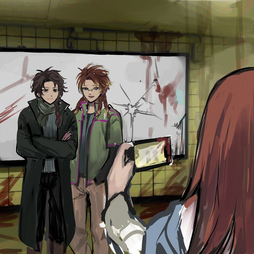 1girl, 2boys, :d, black_coat, black_pants, blonde_hair, blood, blood_on_wall