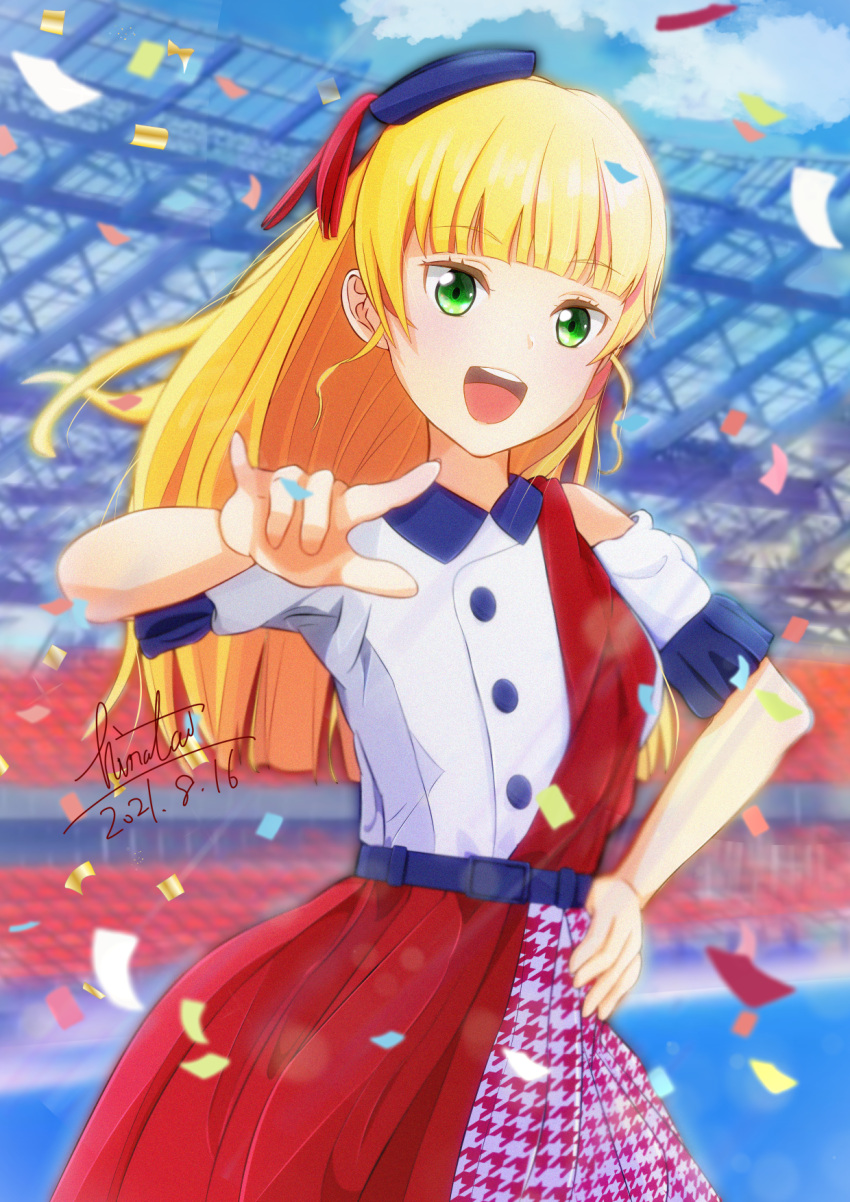1girl, :d, \m/, bangs, belt, beret, blonde_hair, blue_belt