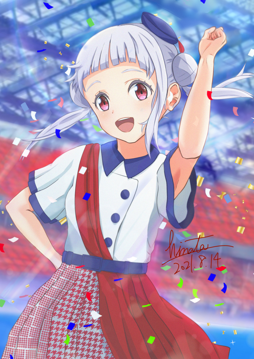 1girl, :d, arashi_chisato, bad_arm, belt, beret, blue_belt, blue_headwear