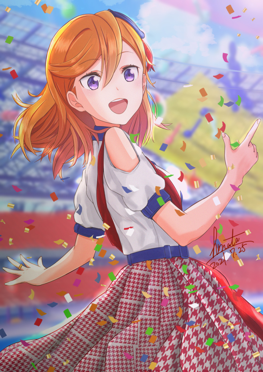 1girl, :d, belt, blue_belt, blurry, blurry_background, clothing_cutout, commentary