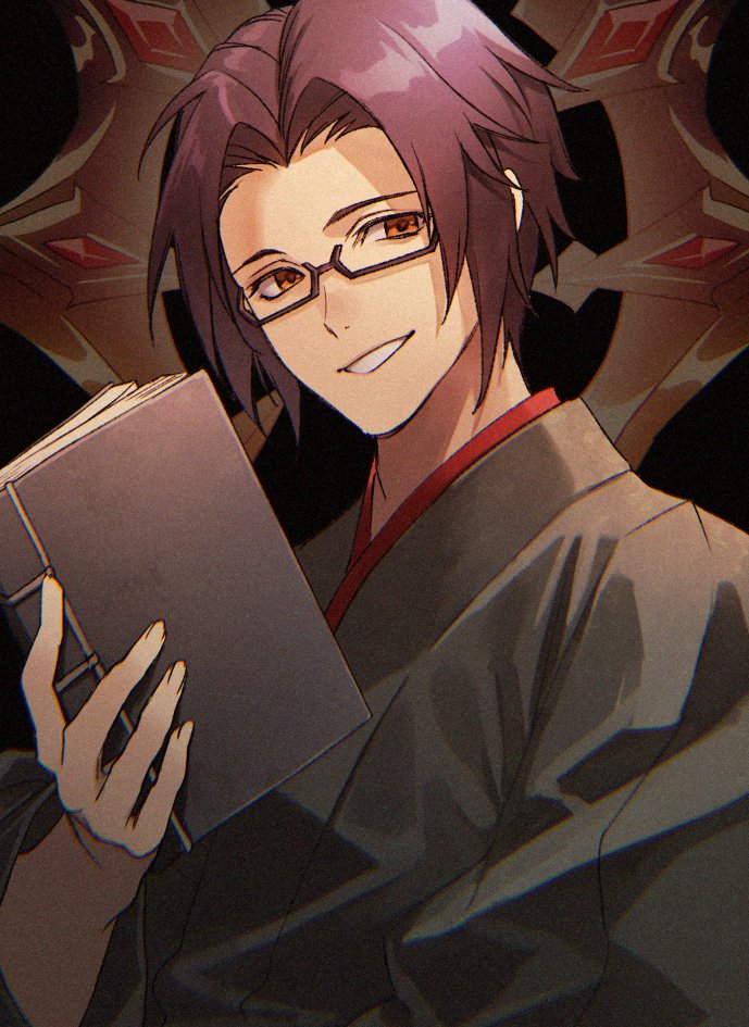 1boy, black_hair, black_kimono, book, enjou_(genshin_impact), genshin_impact, holding, holding_book
