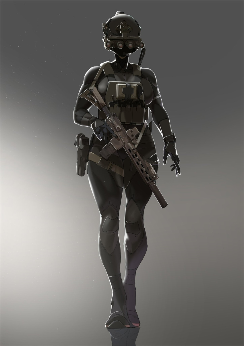 1girl, ammunition_pouch, ar-15, assault_rifle, bodysuit, breasts, bulletproof_vest, gun
