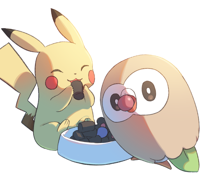 bird, bright_pupils, brown_eyes, closed_eyes, commentary_request, eating, food, food_bowl, holding, looking_at_viewer, mokukitusui, mouth_hold, open_mouth, owl, pikachu, pokemon, rowlet, sitting, smile, white_background, white_pupils