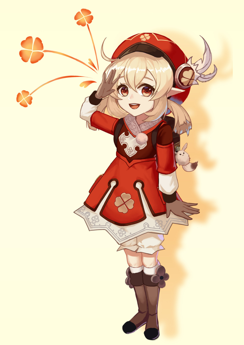 1girl, :d, absurdres, backpack, bag, bangs, beret, blonde_hair, boots, brown_footwear, brown_gloves, dress, full_body, genshin_impact, gloves, hat, highres, hiroshi_(beolcoyote), klee_(genshin_impact), kneehighs, long_hair, long_sleeves, looking_at_viewer, open_mouth, red_dress, red_eyes, red_headwear, salute, simple_background, smile, solo, white_legwear, yellow_background