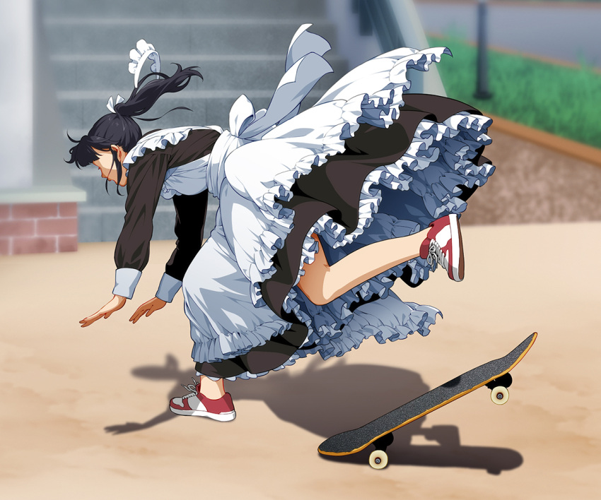 1girl, accident, apron, falling, frilled_skirt, frills, headdress_removed, long_hair