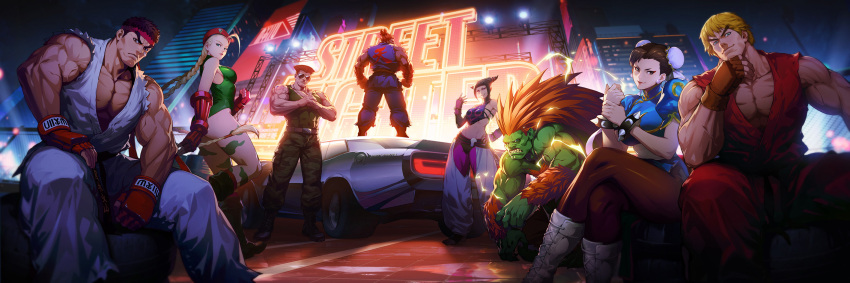3girls, 5boys, american_flag_tattoo, antenna_hair, arm_hair, arm_tattoo, baggy_pants, beret, black_hair, blanka, blonde_hair, boots, braid, brown_gloves, bun_cover, cammy_white, camouflage, camouflage_pants, capcom, chest_hair, china_dress, chinese_clothes, chun-li, colored_skin, combat_boots, commentary_request, cracking_knuckles, cross-laced_footwear, crossed_legs, dark-skinned_male, dark_skin, double_bun, dougi, dress, electricity, fingerless_gloves, gloves, gouki, green_skin, guile, hair_bun, hair_horns, han_juri, hand_on_own_chin, hat, headband, heaven_(kanji), highres, ken_masters, lace-up_boots, leotard, long_hair, looking_at_viewer, mma_gloves, multiple_boys, multiple_girls, muscular, muscular_male, neon_lights, official_art, orange_hair, pants, pantyhose, red_gloves, red_headband, redhead, ryu_(street_fighter), sleeveless, spiky_hair, street_fighter, street_fighter:_duel, stroking_own_chin, sunglasses, tattoo, thick_eyebrows, thick_thighs, thighs, thong_leotard, topknot, twin_braids, vambraces, xin_wang