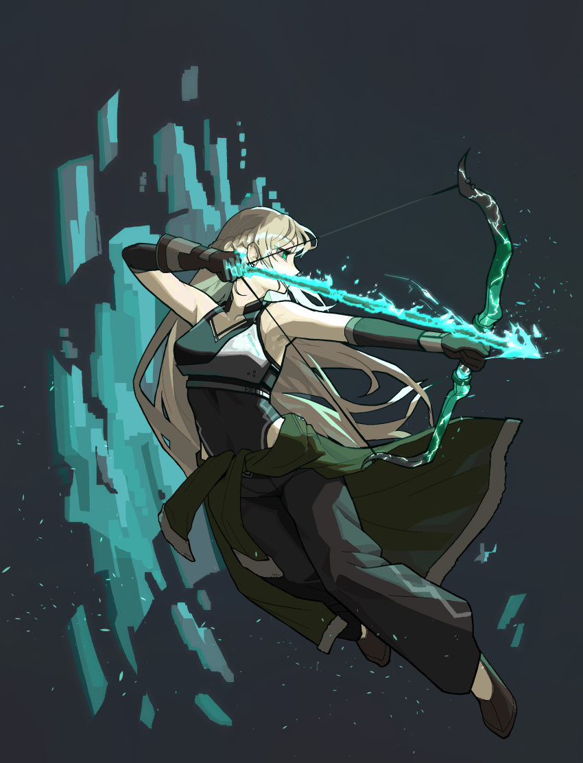 1girl, absurdres, aqua_fire, arrow_(projectile), black_footwear, black_gloves, black_pants, blonde_hair