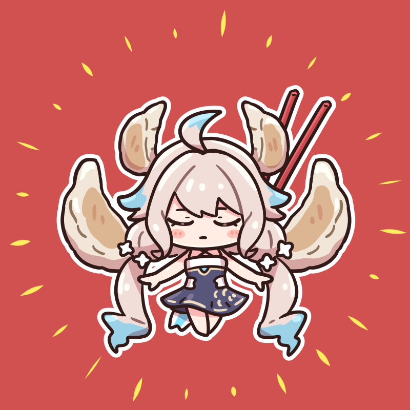 1girl, ahoge, arms_at_sides, bangs, chibi, chopsticks, closed_eyes, closed_mouth