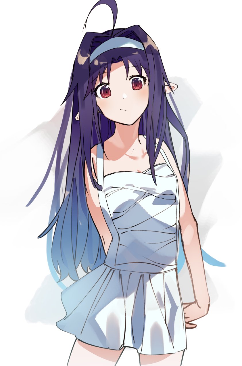 1girl, :/, ahoge, alternate_costume, arms_behind_back, bangs, bare_shoulders, breasts