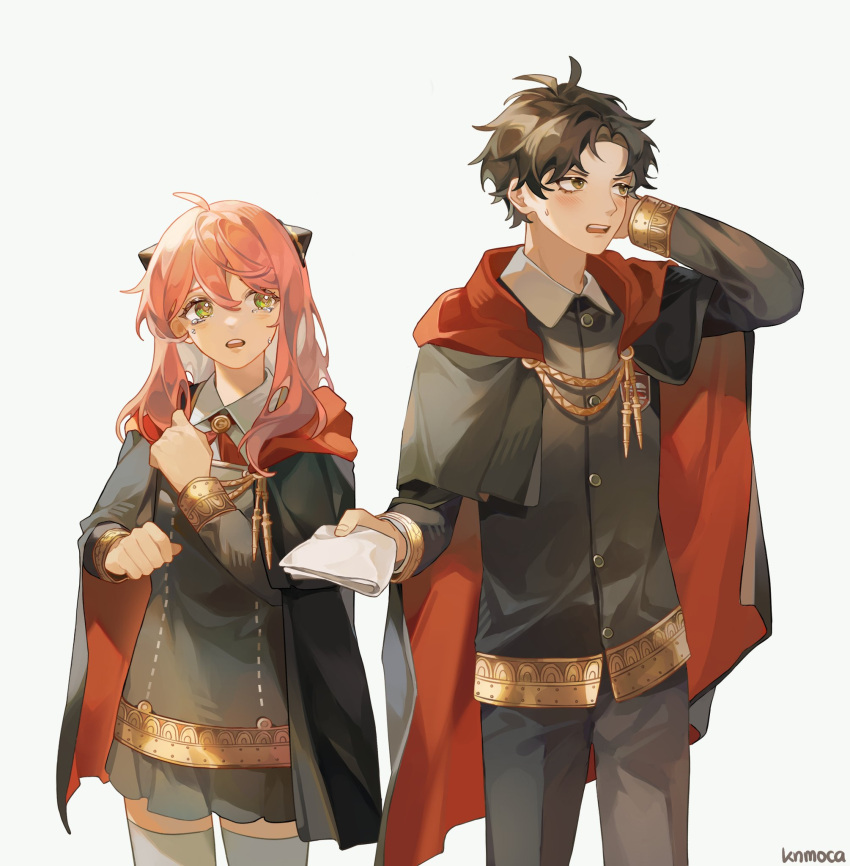 1boy, 1girl, ahoge, anya_(spy_x_family), arm_behind_head, bangs, black_cape, black_dress
