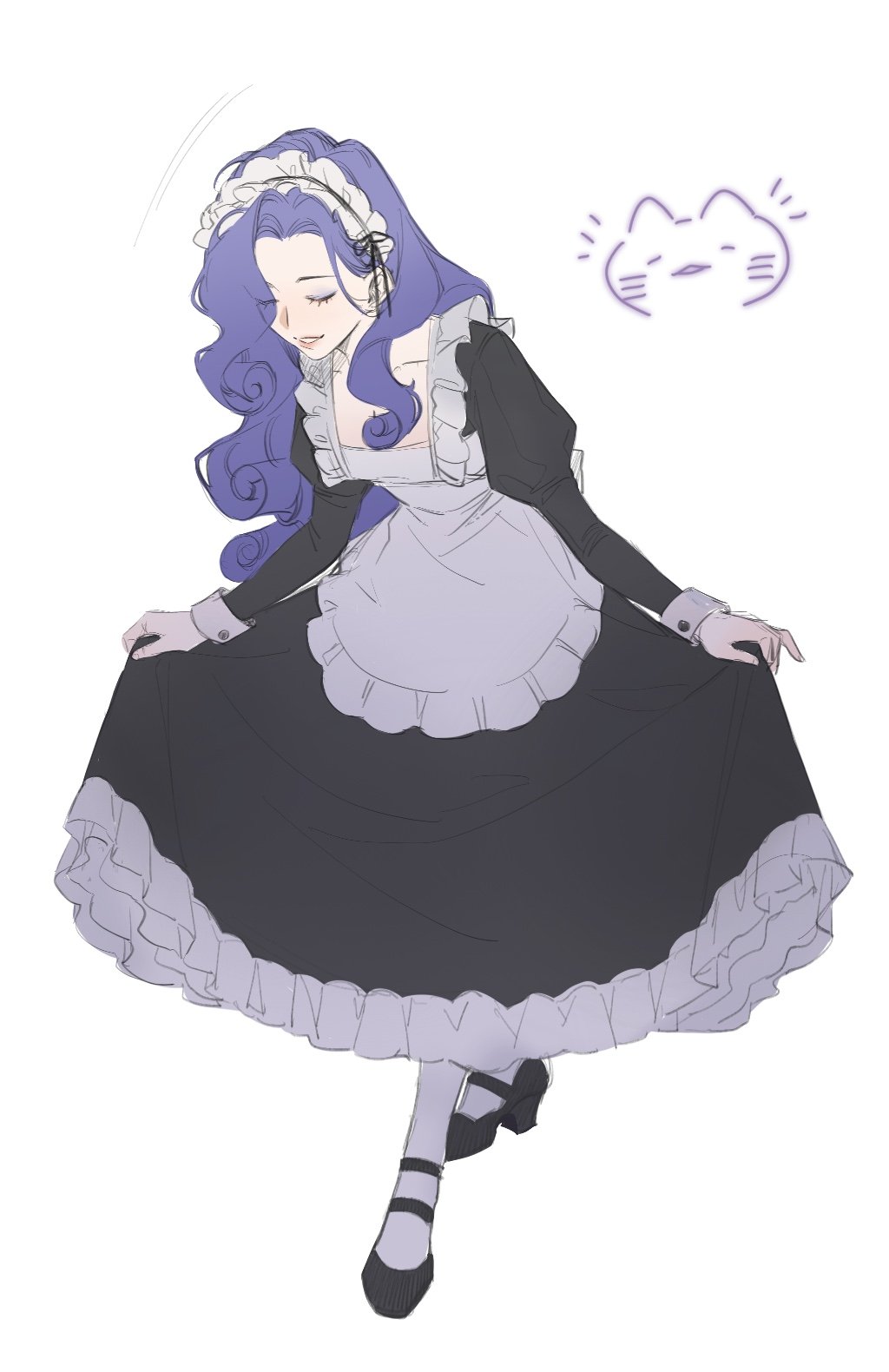 1girl, apron, black_footwear, bowing, closed_eyes, curly_hair, curtsey, dress