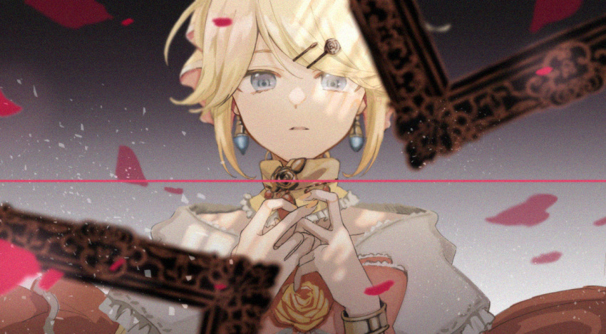 1girl, aku_no_musume_(vocaloid), blonde_hair, blue_eyes, choker, earrings, jewelry, kagamine_rin