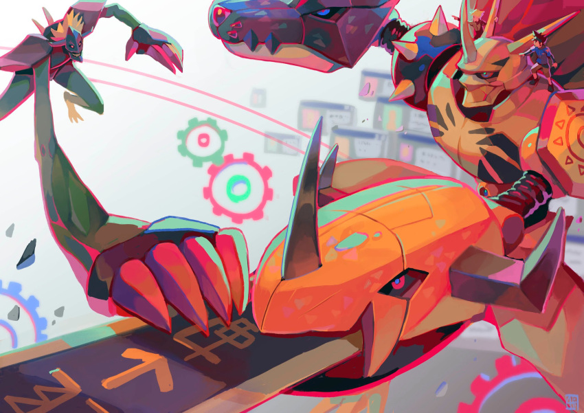 3boys, alejandro_tio, blonde_hair, brown_hair, cannon, cape, diablomon, digimon