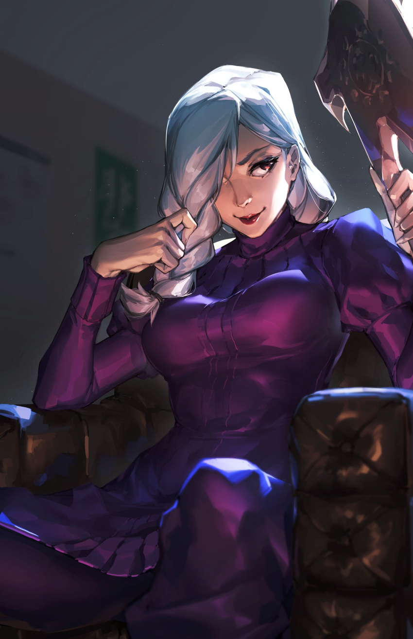 1girl, absurdres, axe, blurry, blurry_background, commission, covered_navel, grey_hair