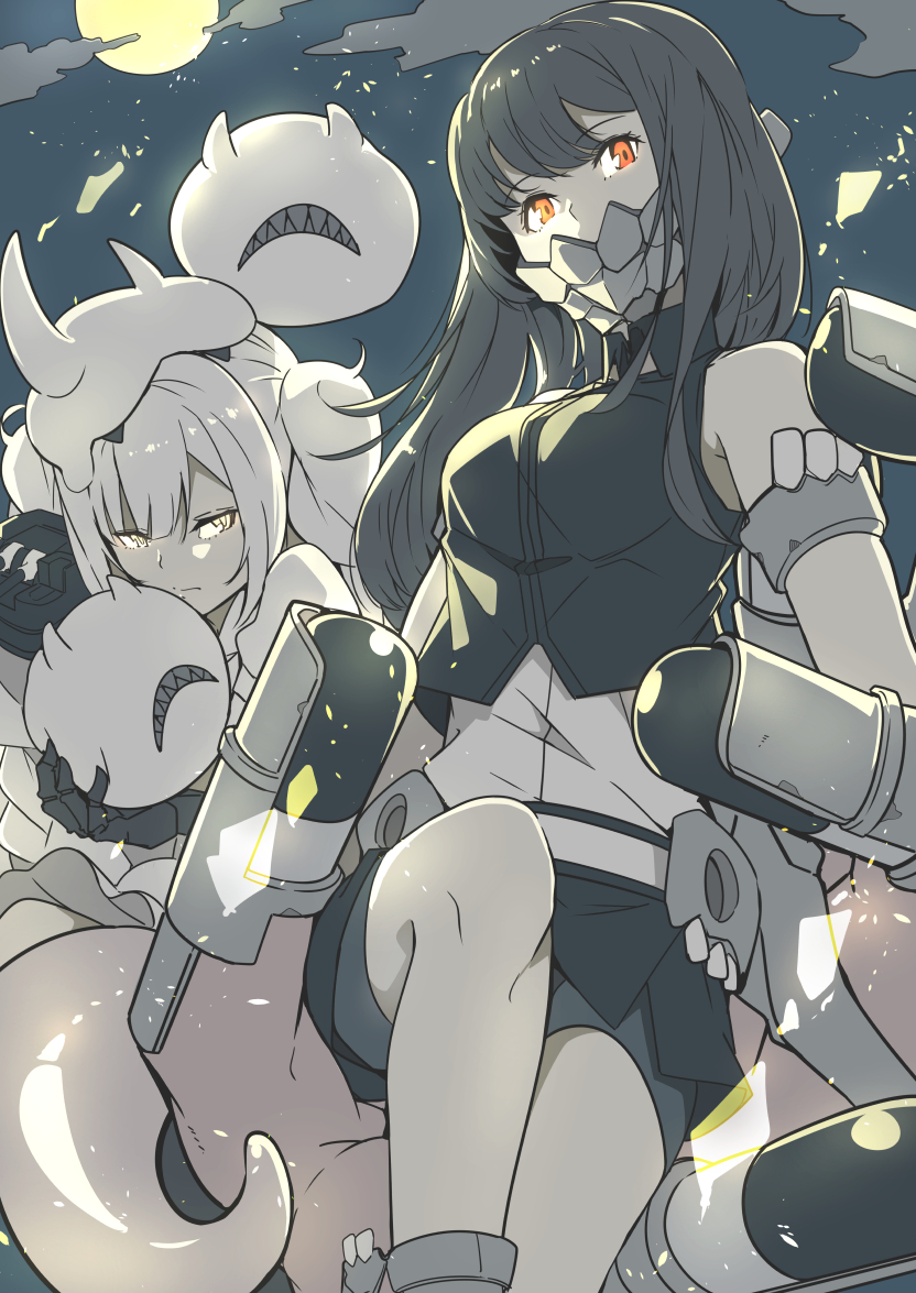 2girls, abyssal_nimbus_princess, abyssal_ship, bangs, bike_shorts, black_hair, braid, breasts