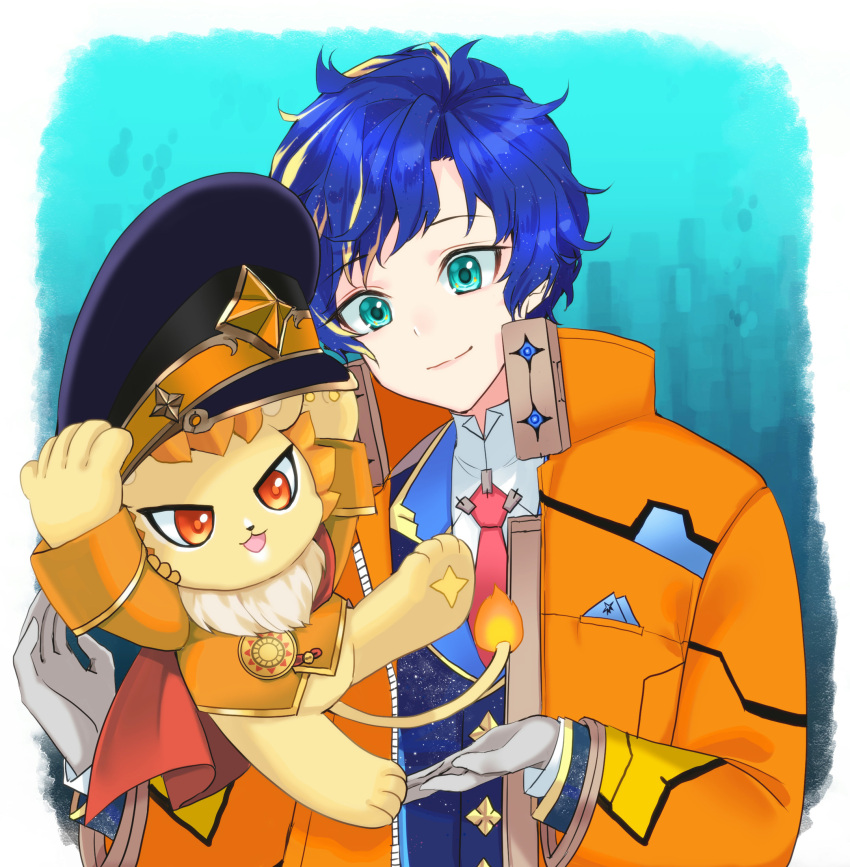 1boy, animal, apolleon, aqua_eyes, astel_leda, blonde_hair, blue_hair, blue_jacket