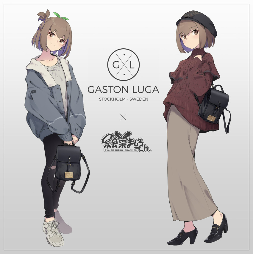 1girl, backpack, bag, bangs, black_footwear, black_headwear, black_pants, brown_hair, brown_skirt, collarbone, earrings, eva_mashiro, eva_mashiro_(vtuber), full_body, gaston_luga, grey_shirt, hat, highres, indie_virtual_youtuber, jacket, jewelry, looking_at_viewer, multiple_views, open_clothes, open_jacket, pants, product_placement, shirt, shoes, short_hair, skirt, sleeves_past_wrists, smile, sneakers, split_mouth, sprout_on_head, standing, sweater, torn_clothes, torn_pants, turtleneck, turtleneck_sweater, white_footwear, yellow_eyes