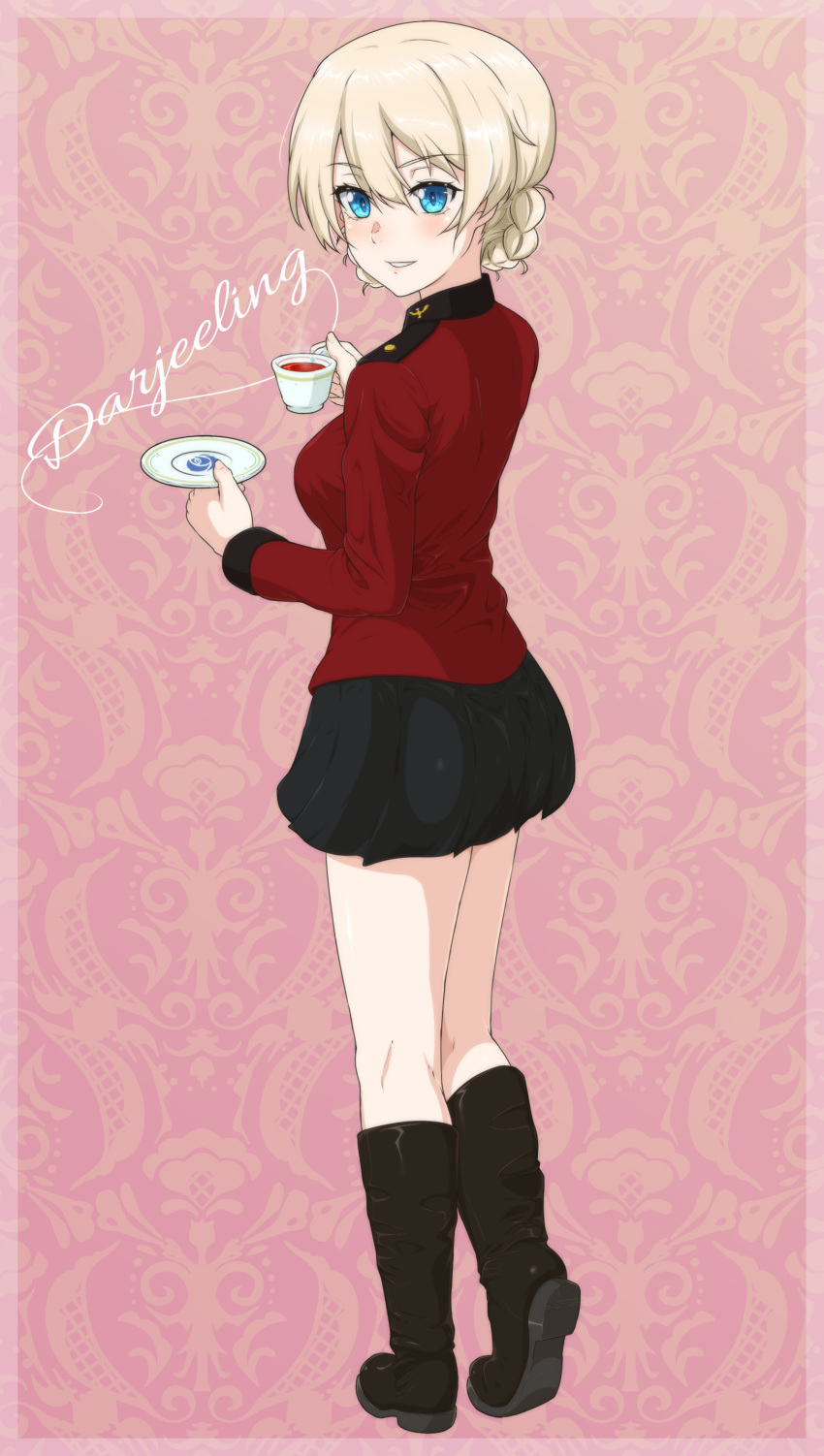 1girl, absurdres, ada_badguy, black_footwear, black_skirt, blonde_hair, blue_eyes, blush