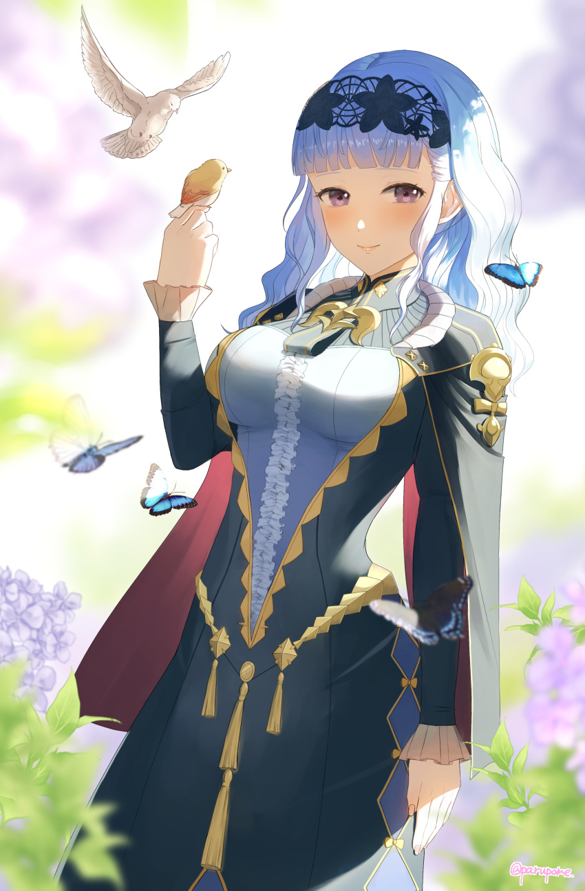1girl, absurdres, animal, bangs, bird, bird_on_hand, blue_butterfly, blue_dress
