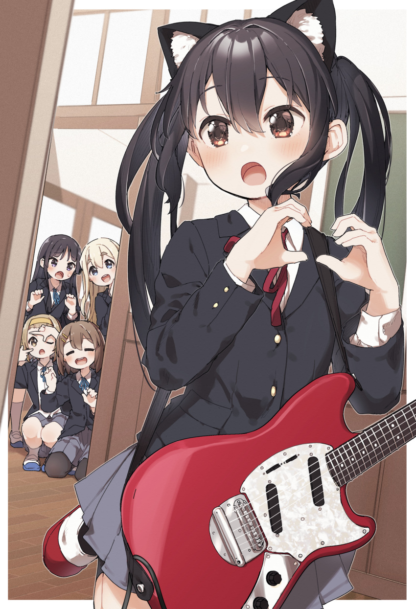 5girls, =_=, akiyama_mio, animal_ears, black_hair, blonde_hair, blue_eyes, brown_eyes