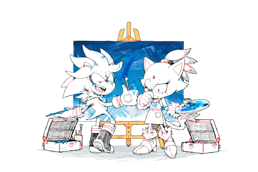 1boy, 1girl, ^_^, aimf, animal_ears, apron, artist_name, blaze_the_cat