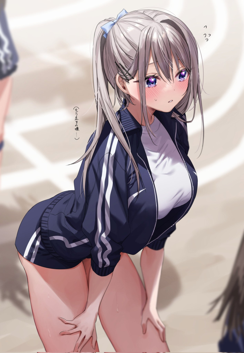 3girls, bangs, black_hair, blue_bow, blue_eyes, blue_jacket, blush, bow