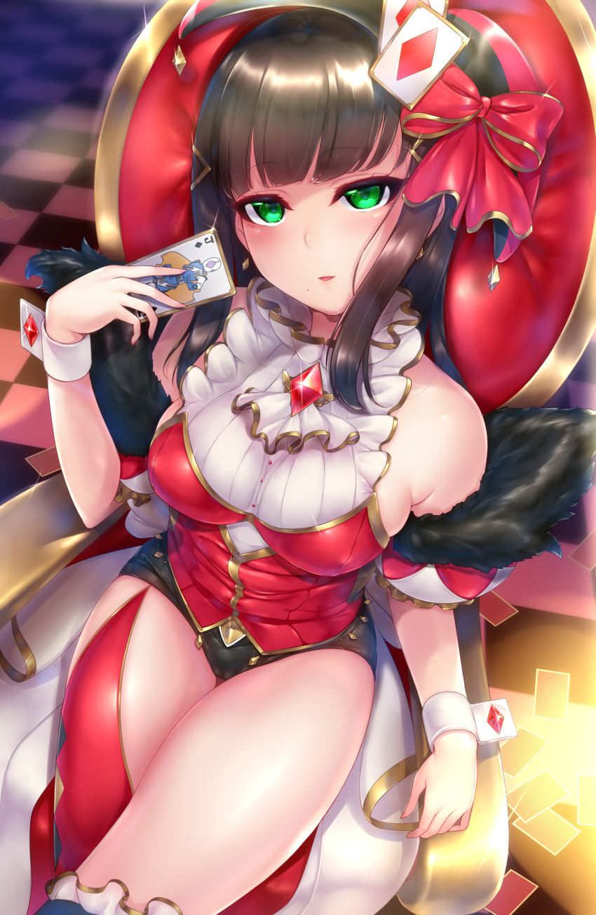 1girl, absurdres, armchair, armpit_crease, ascot, asymmetrical_legwear, bangs, black_hair