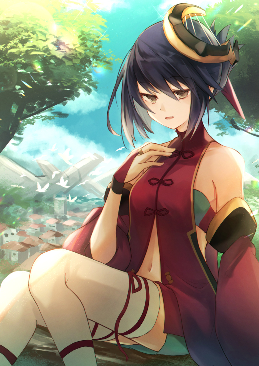 1girl, ar_tonelico, ar_tonelico_ii, bangs, bare_shoulders, bird, blue_hair, breasts